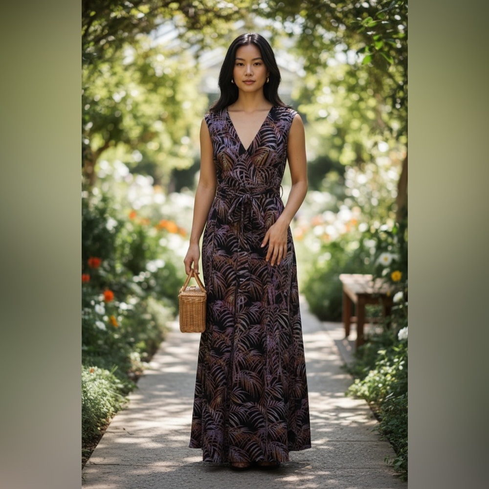 NWOT Wrap Black & Purple Tropical Print Long Flowy Maxi Dress XS
